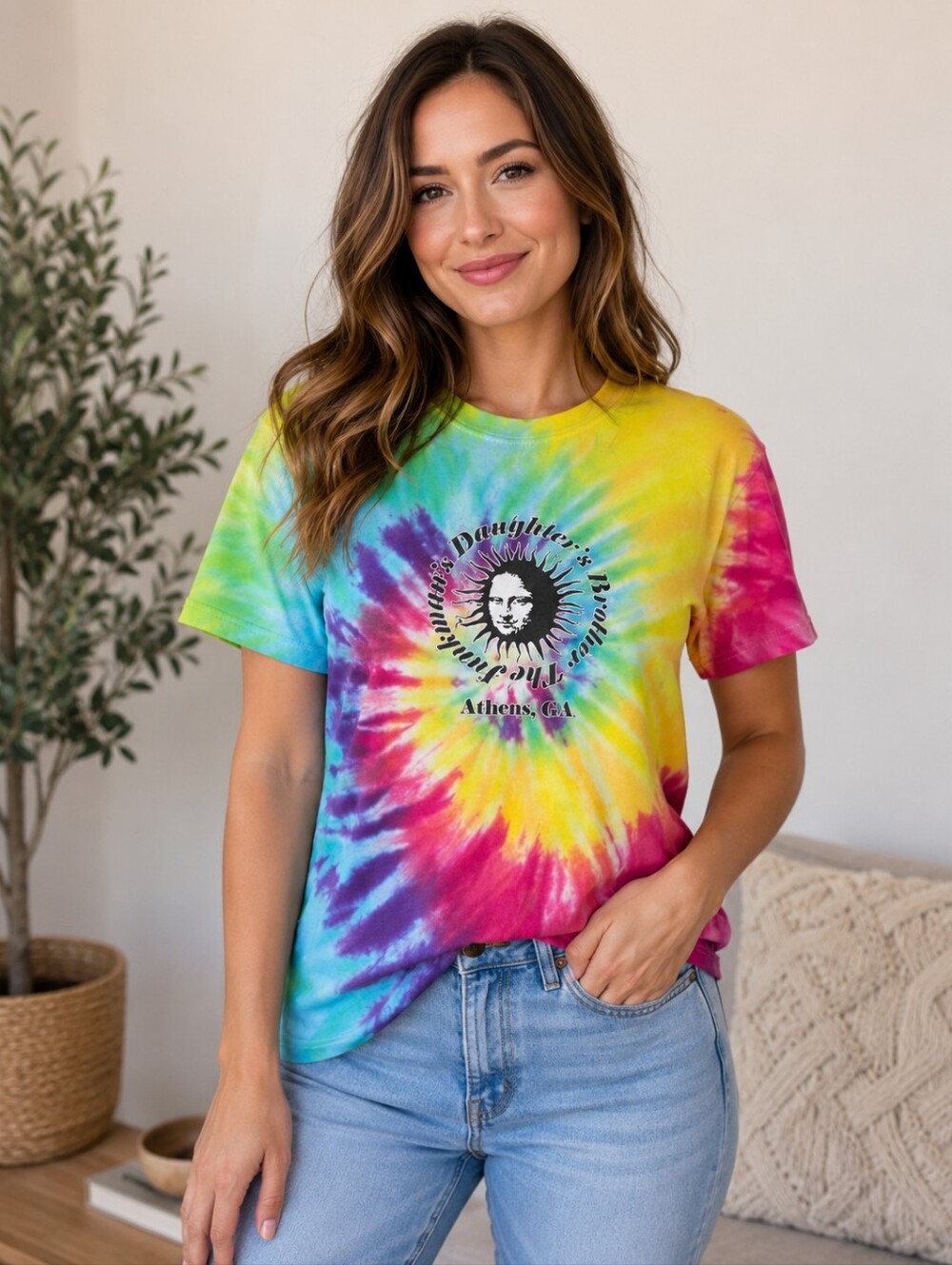 Vintage Tie Dye Graphic Tee Athens GA Burning Sun Rainbow Spiral sz M